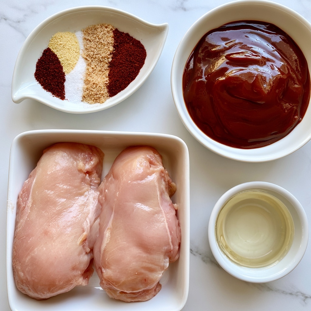 The image shows four white dishes on a white marbled surface, each containing different cooking ingredients. In a rectangular dish at the bottom left, there are two raw boneless, pale pink, skinless chicken breasts side by side, with smooth and fresh texture. At the top left, a small white dish shaped like a leaf holds five different spices arranged in separate sections: dark red paprika, light yellow garlic powder, white salt, light brown onion powder, and deep red chili powder, each with a fine texture. To the right, a round white bowl contains glossy, thick, dark reddish-brown BBQ sauce. Below it, another small round white bowl holds a clear, pale yellow oil. All components sit neatly and clearly separated. Photo taken with an iphone --ar 4:5 --v 7