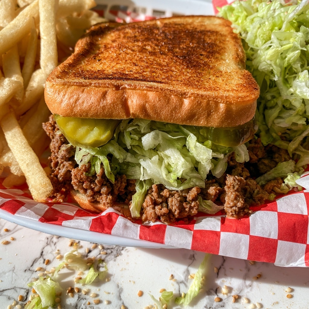 The image shows a sandwich with three layers: a golden brown toasted bread slice on top, in the middle there are green pickle slices and shredded light green lettuce, and at the bottom is a layer of cooked ground meat. The sandwich is placed on red and white checkered paper in a white basket. On the left side of the sandwich, there are light golden French fries, and on the right side, shredded lettuce can be seen. The white marbled surface around the basket has some scattered sesame seeds and bits of shredded lettuce. Photo taken with an iphone --ar 4:5 --v 7