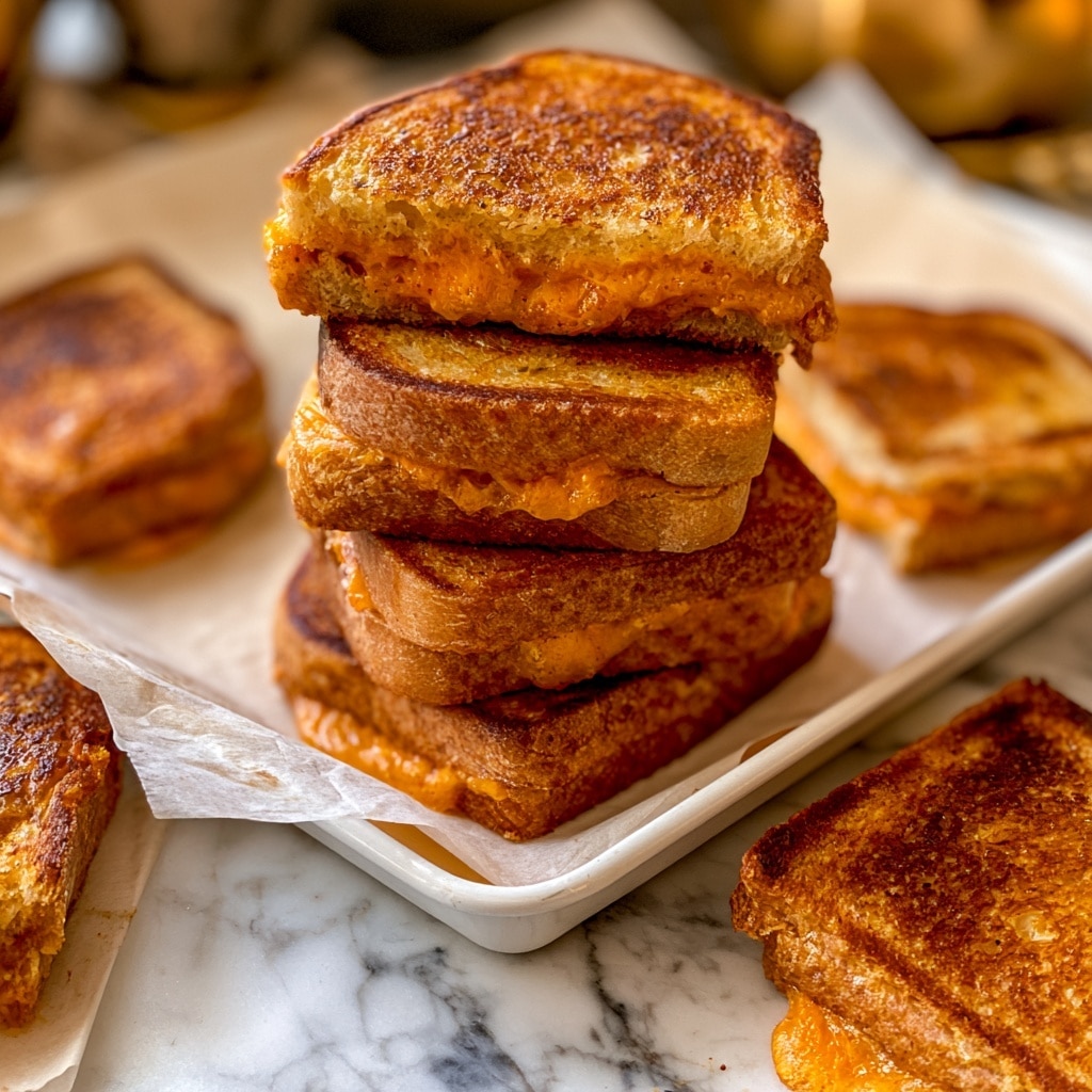 The image shows a stack of three grilled cheese sandwiches on a piece of parchment paper over a white tray. Each sandwich has two toasted golden brown bread slices with melted orange cheese visible between them. Around the stack, there are three more grilled cheese sandwiches placed directly on the parchment paper. The surface underneath the tray has a white marbled texture, and the background contains blurred elements with warm tones. Photo taken with an iphone --ar 4:5 --v 7