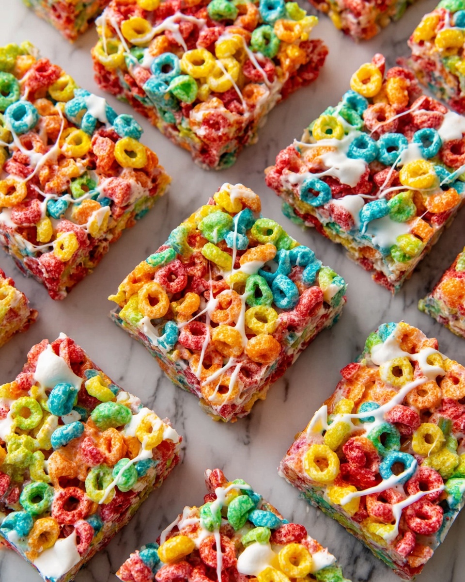Fruity Pebbles Rice Krispie Treats Recipe 4 This image shows square pieces of a colorful cereal treat made from brightly colored cereal pieces mixed with a sticky, white marshmallow-like layer that holds everything together. Each square has a rough, bumpy texture with visible cereal pieces in red, yellow, green, blue, and orange, and some white marshmallow bits are poking out. The squares are placed close together on a white marbled surface. Thin, sticky strands connect the pieces, stretching lightly between them. The focus is tight on the front piece, showing the chewy, glossy texture of the sticky layer and the crisp cereal on top. photo taken with an iphone --ar 4:5 --v 7
