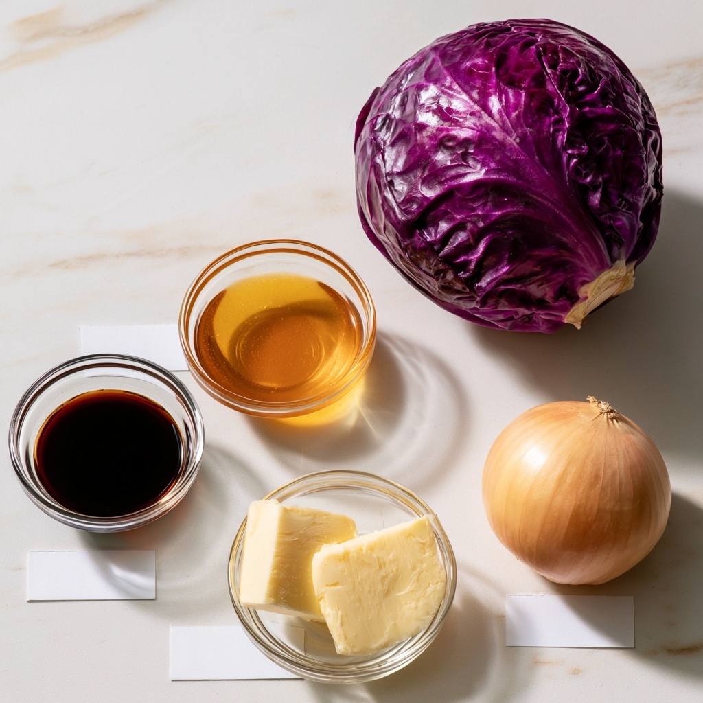 A bright purple whole red cabbage sits in the upper right on a white marbled surface. Below it, from left to right, are four clear glass bowls with each ingredient inside: dark balsamic vinegar, golden honey, pale soft butter cut into two pieces, and a whole round light brown onion. Each ingredient is labeled with simple black text on white rectangular tags placed near them. The scene is well lit with soft natural light and minimal shadows, giving a clean and fresh look. Photo taken with an iphone --ar 4:5 --v 7