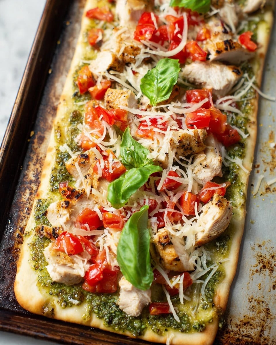 A rectangular flatbread with a thin, light tan crust as the base, spread evenly with a green pesto sauce layer showing a slightly chunky texture; on top, there are scattered pieces of grilled light golden brown chicken with grill marks, followed by bright red chopped tomatoes placed unevenly; thin strands of white shredded cheese are sprinkled over the chicken and tomatoes, with a few fresh bright green basil leaves placed on top for garnish; the flatbread rests on a baking tray with dark edges, all set against a white marbled texture background. photo taken with an iphone --ar 4:5 --v 7