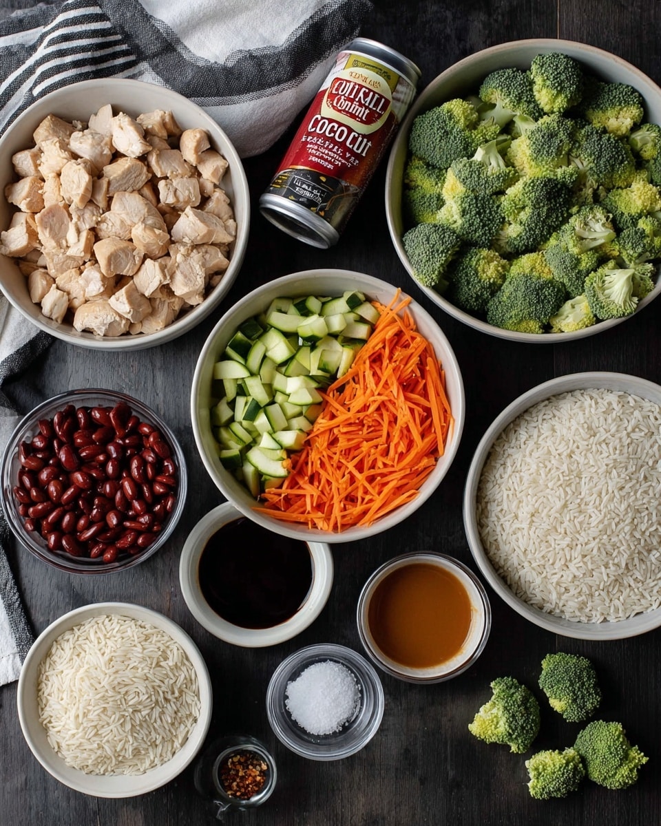 The image shows several white bowls and a can arranged on a dark surface with a striped cloth in the corner. One large white bowl holds chopped cooked chicken pieces with a light brown color. Another large white bowl is filled with fresh broccoli florets, shredded carrot sticks, chopped zucchini, and sliced celery, each section showing green or orange vibrant colors. A smaller white bowl contains raw white rice grains, while another holds cooked reddish-brown beans. There are three small white bowls with sauces: one with a dark soy sauce, one with a red chili sauce, and another with a light brown liquid, as well as a tiny glass bowl with white salt and a small amount of ground spice. In the middle, a can of coconut milk with red and white labeling stands upright. A few broccoli pieces are placed directly on the surface near the bowls. photo taken with an iphone --ar 4:5 --v 7