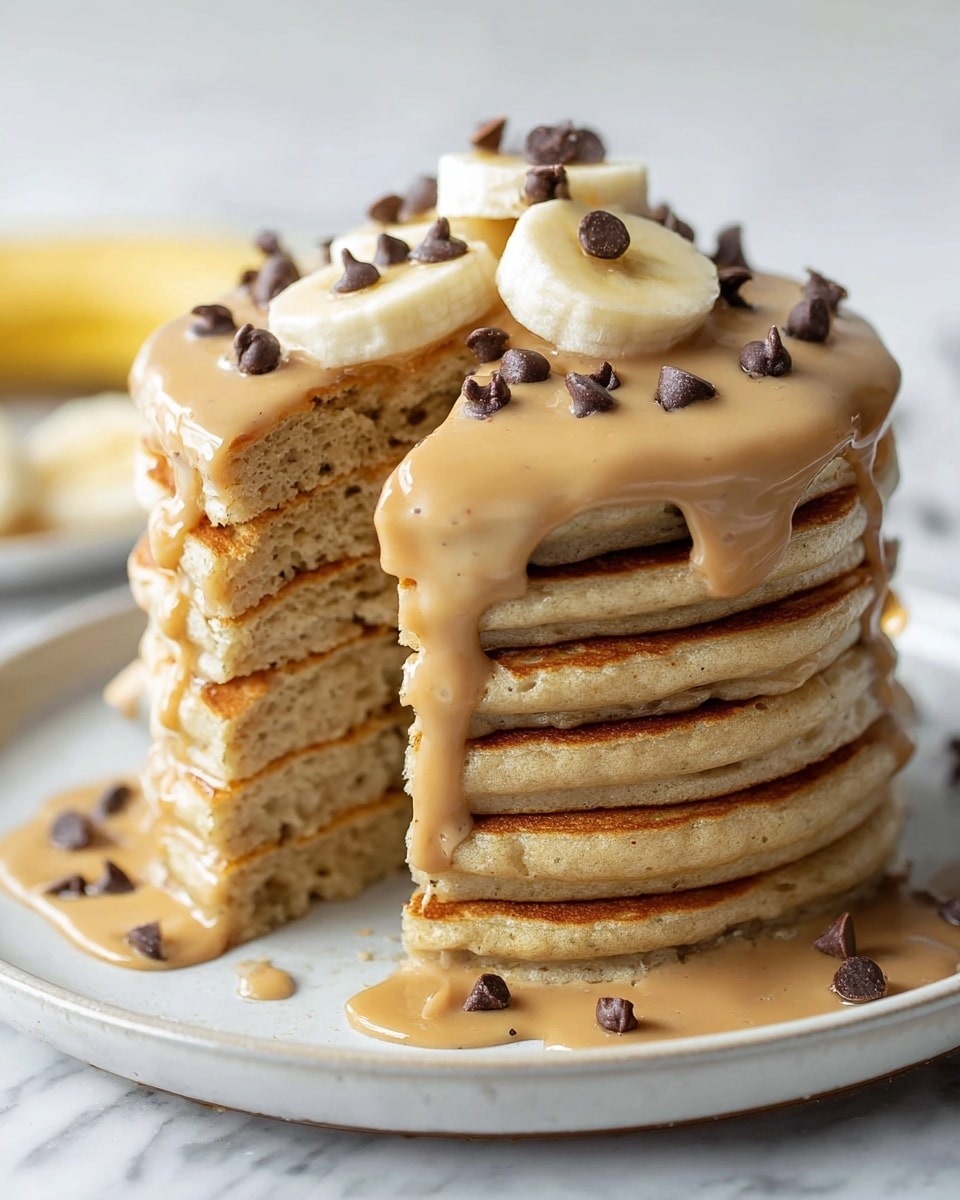 A tall stack of ten golden brown pancakes is shown on a white plate with smooth edges, set on a white marbled surface. On top of the pancakes is a thick layer of light brown sauce that drips down the sides unevenly. Three banana slices with a soft yellow-white color sit on the center of the top pancake, each topped with several small dark chocolate chips scattered, some on the banana slices and some on the sauce. The left side of the stack has a slice removed, showing the fluffy and slightly porous texture inside each pancake. In the background on the left side, a few more banana slices are visible, slightly out of focus. The photo was taken with an iphone --ar 4:5 --v 7