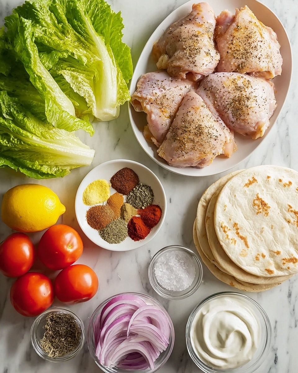 The image shows raw chicken thighs with pepper sprinkled on top, placed on a white oval plate near the top left. Below and to the left is a bunch of green romaine lettuce with detailed leaf texture. In the center is a small white bowl that holds six different spices arranged side by side, showing colors from brown, red, and green. To the right of the chicken, there is a stack of three white round flatbreads with a soft golden surface. Cherry tomatoes are scattered below the flatbreads, bright red and shiny. A halved lemon with a bright yellow color is near the bottom center, accompanied by a whole lemon. To the right is a small glass bowl with sliced purple onions, showing crisp edges. Below the spice bowl are two small bowls with white salt and black pepper, and a swirl of white creamy sauce in a larger bowl near the bottom. All items rest on a white marbled surface. Photo taken with an iphone --ar 4:5 --v 7