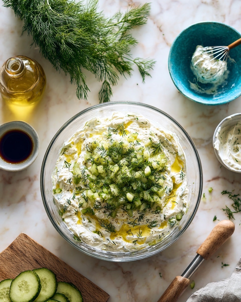 A clear glass bowl sits on a white marbled texture surface, filled with a creamy white base, topped by finely chopped green pickles, a drizzle of yellow oil, and a small pile of fresh green dill herbs. Around the bowl, a turquoise bowl with white creamy mixture, a bunch of fresh dill, a bottle of olive oil, a small white bowl with dark balsamic vinegar, a beater with white whipped texture, and a wooden board with sliced pickles are visible. The whole scene is well lit and clean. photo taken with an iphone --ar 4:5 --v 7