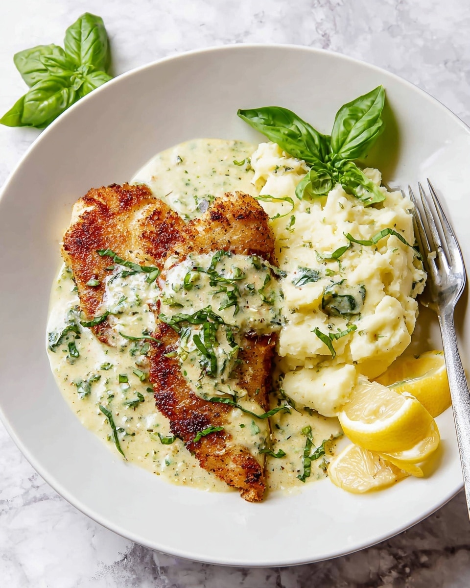 The dish shows two large golden brown pieces of crispy fish fillets on the left side of a shallow white plate, topped with a creamy light green herb sauce with visible bits of green herbs and small spinach leaves scattered on top. On the right side is a generous scoop of creamy mashed potatoes covered with the same herb sauce and sprinkled with chopped herbs. A few fresh basil leaves rest beside the fish, adding a bright green contrast, while two lemon wedges sit near the bottom right of the plate next to a silver fork. The whole plate sits on a white marbled surface, creating a clean and fresh look. Photo taken with an iphone --ar 4:5 --v 7