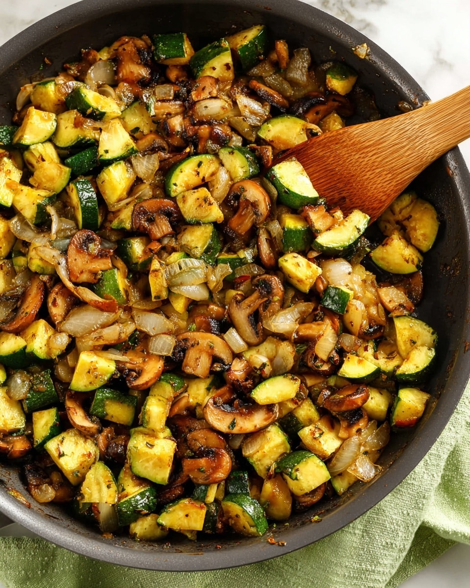 This image shows a close-up of a black pan filled with cooked vegetables, mainly zucchini, mushrooms, and onions. The zucchini pieces are cut into small chunks with a green outer skin and crisp yellow inside. The mushrooms are brown and diced, mixed well throughout the pan. The onion pieces are translucent with some browned edges, scattered evenly among the vegetables. A light sauce or seasoning coats everything, giving the ingredients a shiny and slightly oily texture. A wooden spoon is partially visible in the pan, mixing the vegetables. The pan sits on a white marbled surface with a light green cloth partially underneath it. Photo taken with an iphone --ar 4:5 --v 7