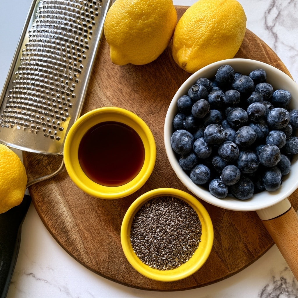 A round wooden board holds four main items on a white marbled surface. On the right, a white bowl with a wooden handle is full of small, round blueberries in dark blue with a smooth texture. Near the top are two bright yellow lemons with bumpy skins. To the left of the lemons, a small bright yellow bowl holds dark brown maple syrup that looks thick and shiny. Below this, another small bright yellow bowl contains tiny, round gray chia seeds with a matte, slightly rough texture. A large metal grater with a black handle rests diagonally on the left side of the wooden board, and a single lemon is positioned next to it on the white marbled surface. photo taken with an iphone --ar 4:5 --v 7