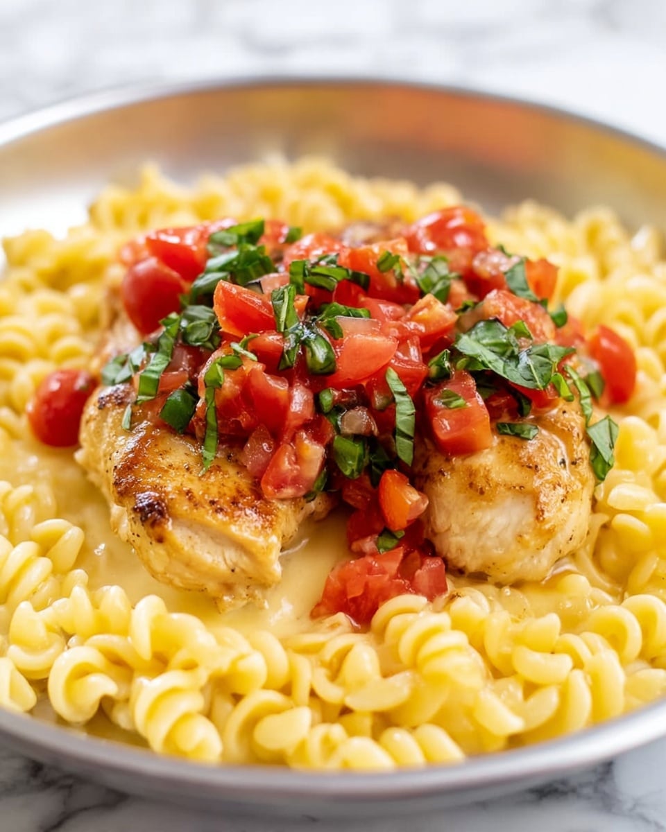 The image shows a plate of creamy curly pasta as the base layer, with a smooth and shiny yellowish texture spread evenly across the white plate. On top of the pasta, two pieces of golden-brown cooked chicken are placed side by side in the center. Each piece of chicken is covered with a layer of fresh diced red tomatoes mixed with finely sliced green basil leaves, adding a pop of bright red and green colors. The plate sits on a white marbled surface, and the focus is close up, highlighting the glossy texture of the pasta and the fresh topping. photo taken with an iphone --ar 4:5 --v 7