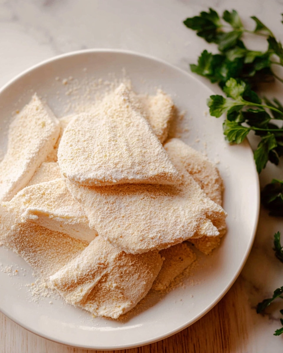 A white plate is filled with several pieces of food coated in a light beige, powdery layer. Each piece is roughly triangular or irregular in shape, with soft edges and a slightly rough texture from the coating. They are stacked loosely, covering most of the plate's surface. On the right side of the frame, fresh green herbs add a touch of color, while the background shows a white marbled texture. photo taken with an iphone --ar 4:5 --v 7