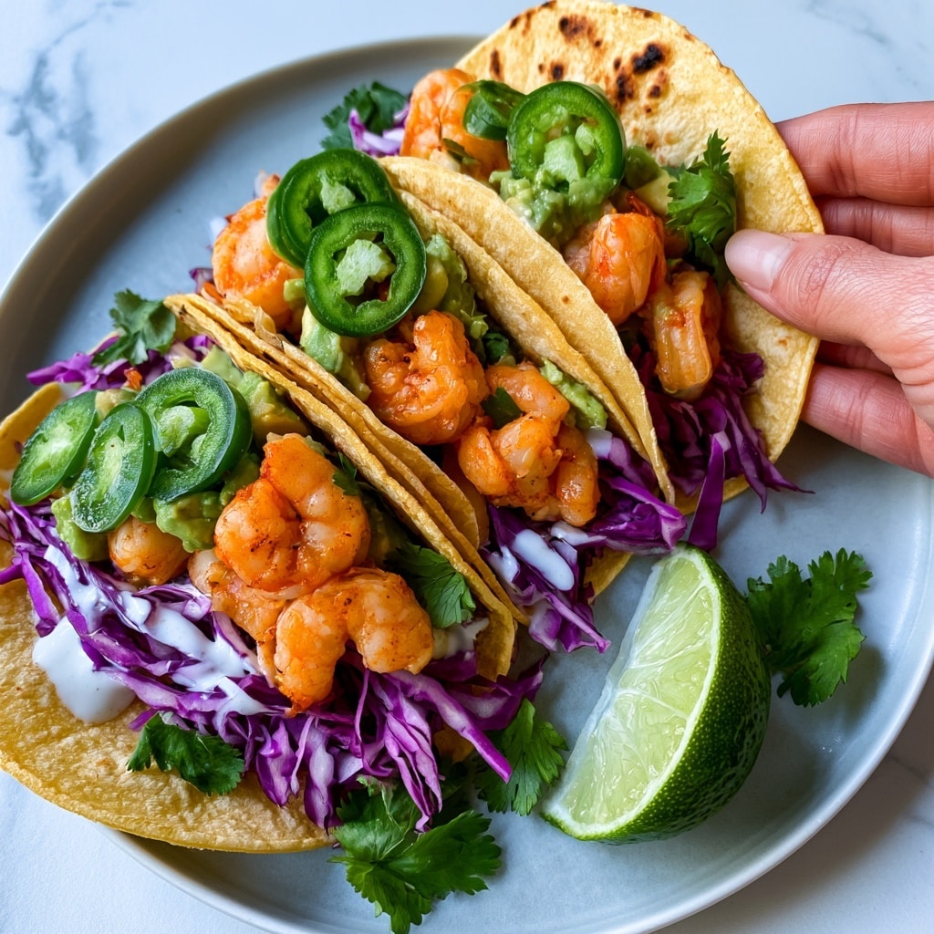 Two tacos on a white plate with charred yellow tortillas, filled with three layers: the bottom layer is shredded white and purple cabbage, the middle layer has green avocado cubes and cilantro leaves, and the top layer is made of seasoned cooked shrimp with an orange tint. There are sliced green jalapeños and a half slice of lime on the side. The plate is on a white marbled surface. photo taken with an iphone --ar 4:5 --v 7