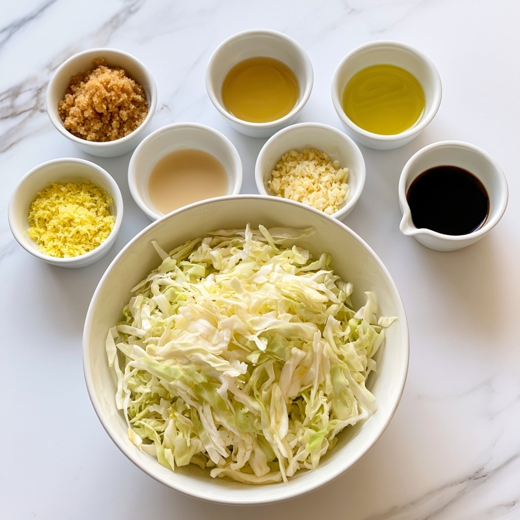The image shows a white bowl filled with thinly shredded pale green and white cabbage at the bottom center, placed on a white marbled surface. Above the bowl are seven small white cups containing different ingredients: brown sugar in a thick, granulated golden brown form; sesame oil with a smooth, clear golden liquid; mirin, a pale beige liquid; ginger, finely grated bright yellow pieces; garlic, minced pale yellow bits; vegetable oil with a light yellow clear liquid; and soy sauce, the darkest, almost black liquid in a white cup with a small spout on the right side. Each ingredient cup is labeled with black text on white backgrounds placed above or near it. The overall look is clean and organized, with the white color of the bowls and the marbled surface creating a bright and simple setting. Photo taken with an iphone --ar 4:5 --v 7