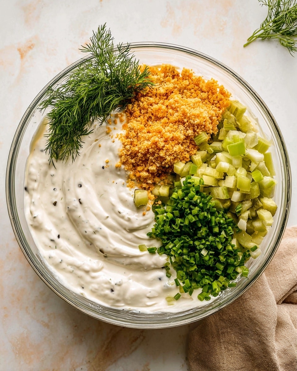 A clear glass bowl filled mostly with thick, white creamy mixture that takes up about two-thirds of the space has five distinct piles of finely chopped ingredients on its right side: bright green chopped chives in the top right, orange crunchy breadcrumbs just below them, large light-green chopped pickles below the breadcrumbs, pale green diced celery near the bottom, and a small bunch of dark green fresh dill on the bottom left. The creamy mixture has small black specks mixed evenly throughout and soft swirls showing its texture. The bowl sits on a white marbled surface with a bit of a cloth peeking in from the bottom right corner. Photo taken with an iphone --ar 4:5 --v 7