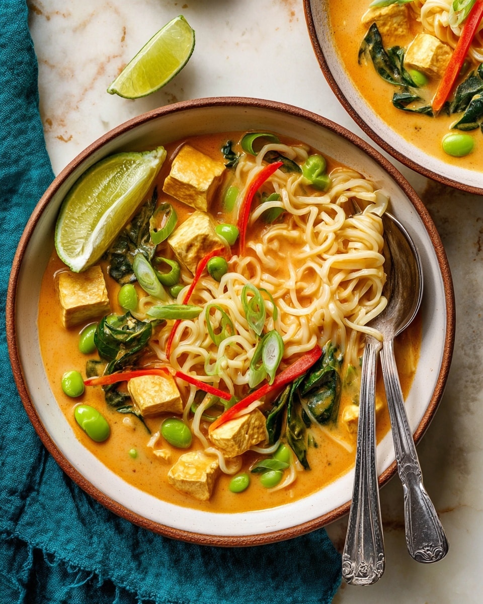 A bowl filled with creamy orange broth holds light-colored noodles twisted around soft yellow tofu cubes, bright green edamame beans, and thin slices of green onion sprinkled on top. Thin red pepper strips and dark green leafy vegetables add color across the dish. Two silver spoons rest in the bowl on the right side, and a lime wedge with a fresh green peel sits on the left edge. The bowl is white with a brown rim, placed on a white marbled surface with a blue cloth beside it. photo taken with an iphone --ar 4:5 --v 7