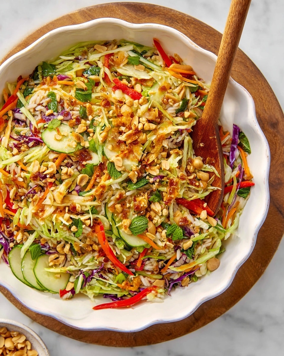 A scalloped white bowl is filled with a colorful salad that has multiple layers. At the base, thin slices of green cucumber and strands of shredded cabbage in light green and purple form a fresh layer. There are thin red strips of bell pepper and orange carrot sticks scattered on top. A layer of brown cooked rice is mixed in, adding texture. The salad is sprinkled with golden crunchy fried bits and pale beige chopped peanuts. Bright green herbs are mixed throughout, and a wooden spoon is partially dipped into the salad. The bowl sits on a round wooden board against a white marbled texture surface. Photo taken with an iphone --ar 4:5 --v 7