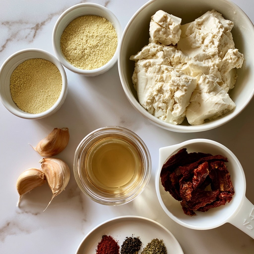 The image shows six different ingredients arranged on a white marbled surface. In the top right, there is a white bowl filled with soft, white silken tofu that has a smooth and slightly broken texture. To the left of this bowl, there is a smaller white bowl containing a pale yellow powder labeled nutritional yeast. Below these, there are three garlic cloves with a light brown, papery skin placed on the surface. Next to the garlic, there is a clear glass container filled with a light golden liquid broth. To the right of that, a white ½ cup measuring cup holds dark, wrinkled sun-dried tomatoes. At the bottom, a small white plate displays several spices in separate piles, including red, black, and green seasonings. The layout is neat and each ingredient is clearly visible. Photo taken with an iphone --ar 4:5 --v 7