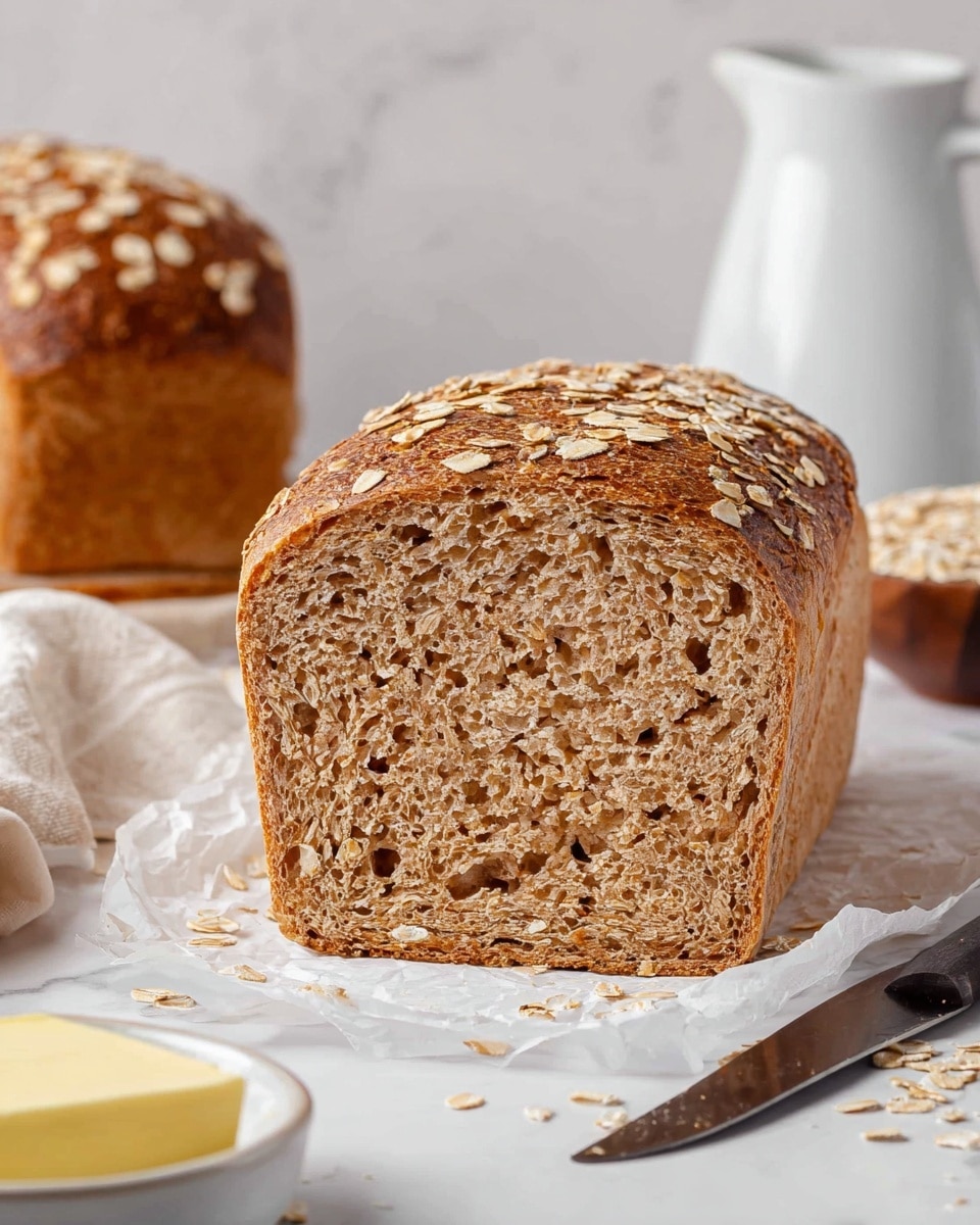 A close-up view of a loaf of oat bread with a textured, light brown inside full of small air holes and a darker crust on top sprinkled with rolled oats. Behind the loaf, a second loaf is slightly visible, showing its rounded top with oats too. The bread is placed on crumpled white paper on a white marbled surface. To the right, there is a white pitcher and a small bowl with rolled oats, plus a knife with a dark handle resting on the surface. In the foreground, a part of a white bowl with butter is seen. Photo taken with an iphone --ar 4:5 --v 7
