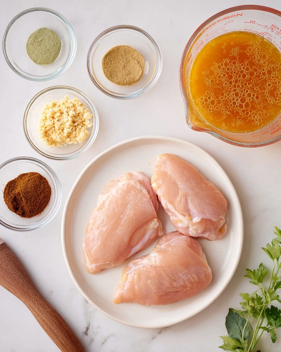 The image shows three raw pale pink chicken pieces neatly placed on a white plate at the bottom center. Above the plate, there are five small clear glass bowls with different ingredients: a light green powder in the top left bowl, a minced or chopped pale yellow mixture in the center bowl, a dark brown powder in the bottom left bowl, a light brown powder in the bottom right bowl, and a larger clear measuring cup with an orange oily liquid filled with bubbles on the top right. The scene is set on a white marbled surface with a hint of green herb leaves in the bottom right corner and a wooden spatula handle on the left edge. Photo taken with an iphone --ar 4:5 --v 7