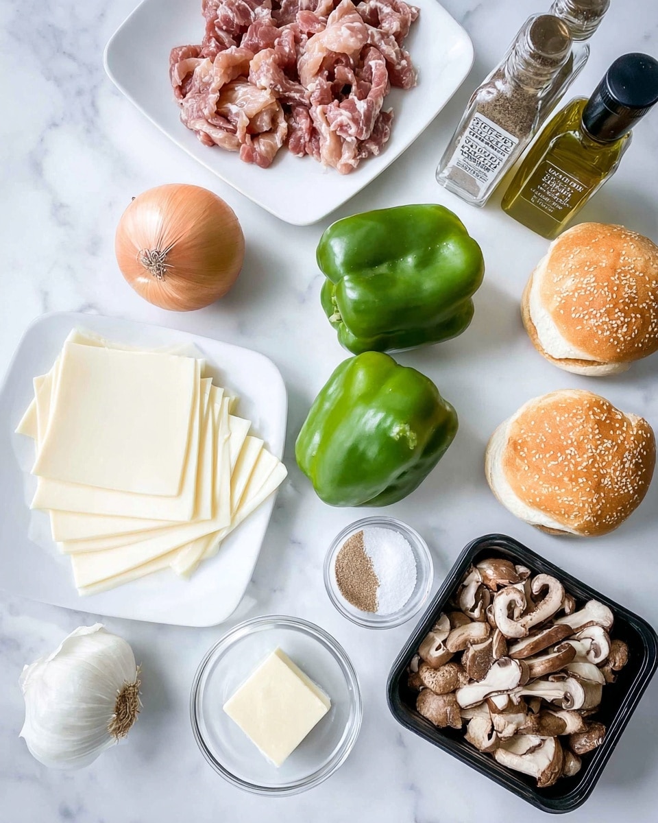 The image shows an arrangement of raw cooking ingredients on a white marbled surface. There is a white plate filled with small pieces of raw meat on the top left. Next to it are two shiny green bell peppers looking fresh and whole. Below the peppers, there is one whole onion with its skin on. Five slices of white cheese are stacked in a neat round pile beside the onion. To the right of the cheese, there are two soft sandwich buns with sesame seeds on top. A small glass bowl with a square piece of butter and another glass bowl with a garlic bulb are placed near the bottom left. At the bottom right, a black plastic container holds a bunch of chopped mushrooms. Behind the green peppers, there are two square bottles of black pepper and Himalayan pink salt, and a bottle of olive oil. The setup is bright and clean, arranged neatly. Photo taken with an iphone --ar 4:5 --v 7