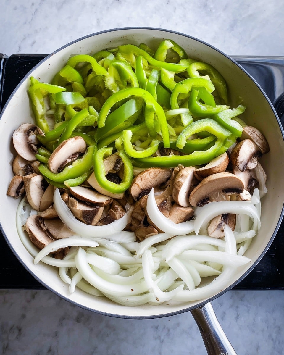 A white pan filled with three layers of sliced vegetables is shown on a white marbled surface. The bottom layer is made of long, white onion strips curling around the pan. The middle layer consists of sliced brown mushrooms with visible gills, spread evenly. The top layer is bright green bell pepper strips scattered loosely over the mushrooms and onions. The pan handle is silver and shown on the lower right side. Photo taken with an iphone --ar 4:5 --v 7