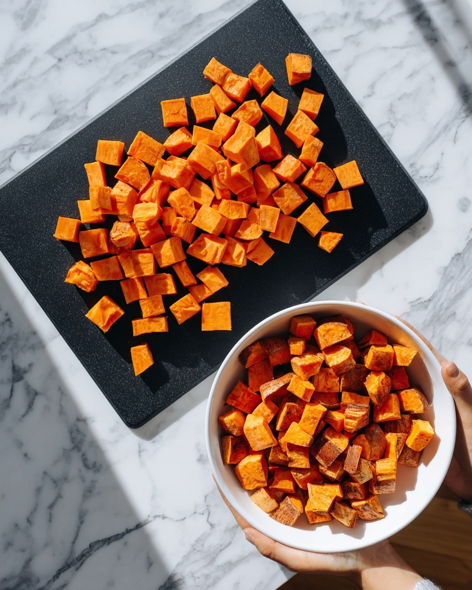 The image shows two parts: on the left, many small orange cubes of raw sweet potato spread out on a black cutting board with a white marbled surface underneath. The cubes are bright orange and neatly arranged in an uneven pile. On the right side, a white bowl filled with roasted sweet potato cubes, which are a mix of golden orange and brown colors, showing their cooked and slightly crispy texture. A woman's hand is holding the bowl from the side, and the background is the same white marbled surface as on the left side. The lighting is natural and bright, casting soft shadows. photo taken with an iphone --ar 4:5 --v 7