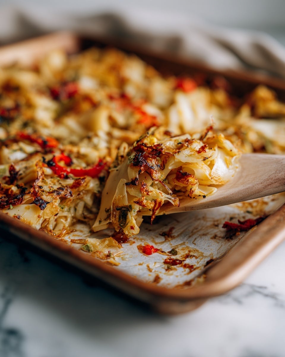 The image shows a close-up view of a cooked, mixed dish on a slightly worn baking sheet with a white marbled surface underneath. The dish is one layer, uneven and folded in parts, featuring a mix of light beige, golden brown, and dark brown colors from the cooked base and caramelized bits. Scattered red and green pieces, likely vegetables or peppers, add bright splashes of color throughout the dish. A beige spatula with a brown handle is lifting a portion of the food from the right side, showing the soft, textured layers with bits pulling apart. photo taken with an iphone --ar 4:5 --v 7