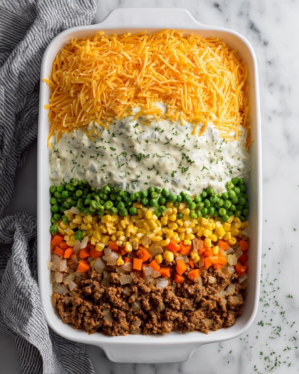 The image shows a white casserole dish with six different layers arranged side by side inside. Starting from the bottom, the first layer is cooked ground beef mixed with small pieces of cooked onions, light brown in color with a soft texture. Next, there is a mix of bright green peas, orange carrot cubes, yellow corn kernels, and green bean pieces, creating a colorful vegetable layer with a mix of smooth and slightly firm textures. Above this, there is a mound of shredded orange cheddar cheese, loose and thin in texture. To the right, there is a thick layer of creamy white sauce with visible small chunks, topped with green dried herbs sprinkled on its surface. The dish sits on a white marbled surface with a gray-striped cloth partially visible on the lower left side. Photo taken with an iphone --ar 4:5 --v 7