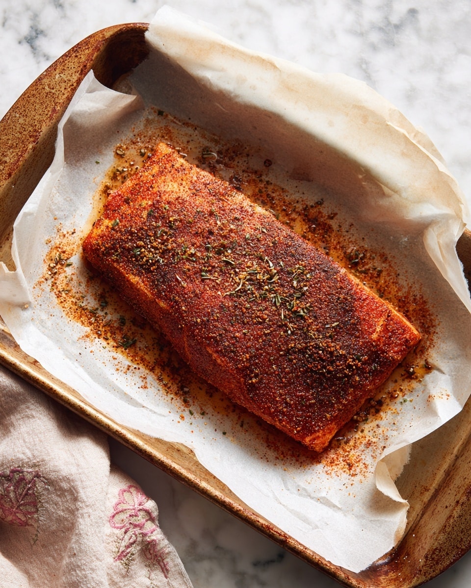A single piece of seasoned meat lies flat in the center of a white sheet of parchment paper, which is placed inside a worn rectangular metal baking tray. The meat has a rough, coarse texture and is coated evenly with a reddish-brown spice rub, showing darker and lighter spots with visible bits of seasoning herbs on the surface. The tray rests on a white marbled surface with a soft patterned cloth peeking from the bottom left corner. photo taken with an iphone --ar 4:5 --v 7