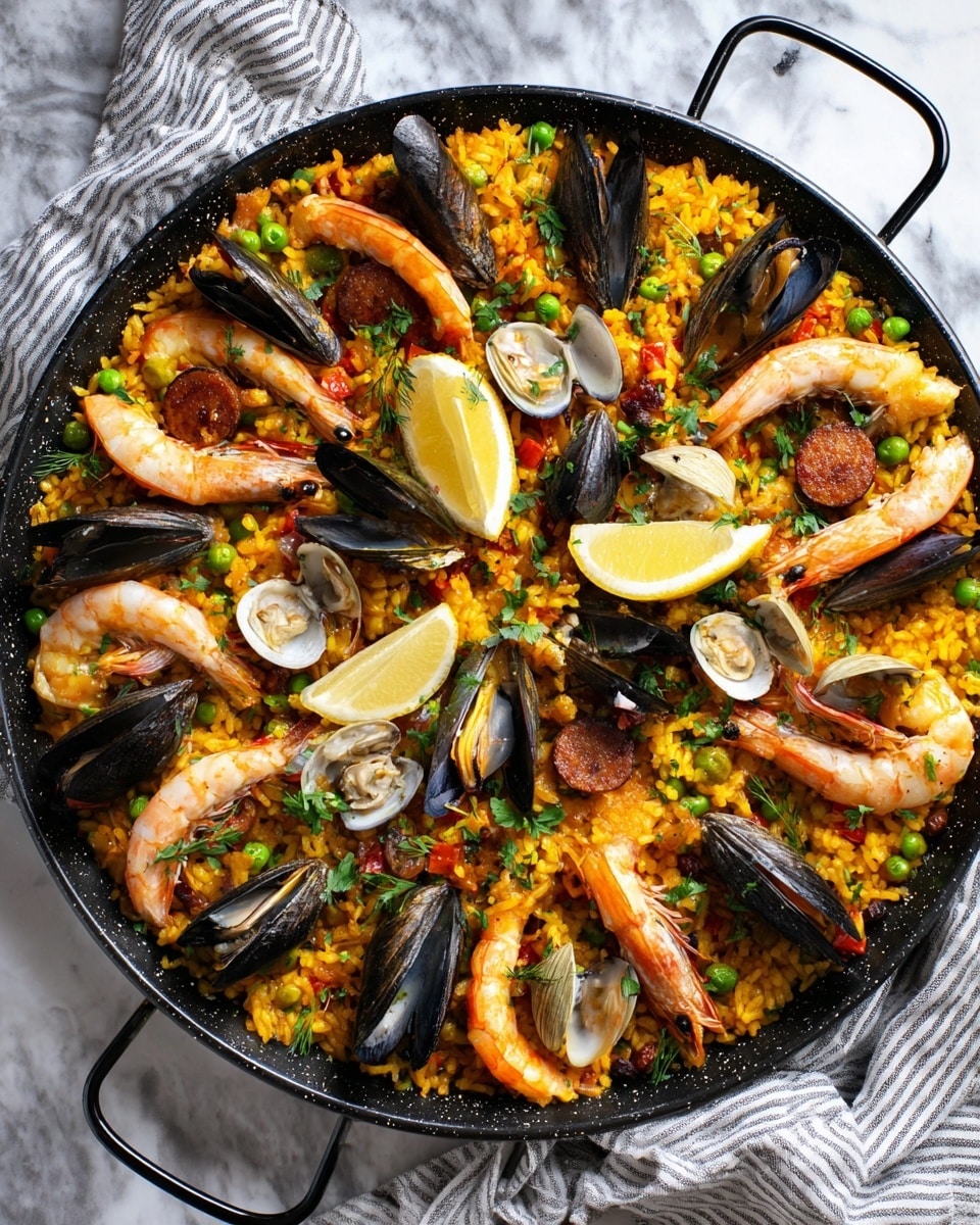 This image shows a large black pan filled with yellow-orange rice mixed with small green peas and bits of red and green vegetables. The rice forms the first layer, thick and textured. On top, there are long pinkish-white shrimp placed in a circle around the edge, with their tails pointing inward. There are black mussels and light brown clams scattered evenly across the pan, some open showing the orange inside. There are also slices of dark orange sausage mixed in. Lemon wedges are placed on top in a few spots, adding a bright yellow-white color. Fresh green herbs are sprinkled over everything, adding small flecks of color. The pan is on a white marbled surface with a striped cloth in the background. Photo taken with an iphone --ar 4:5 --v 7