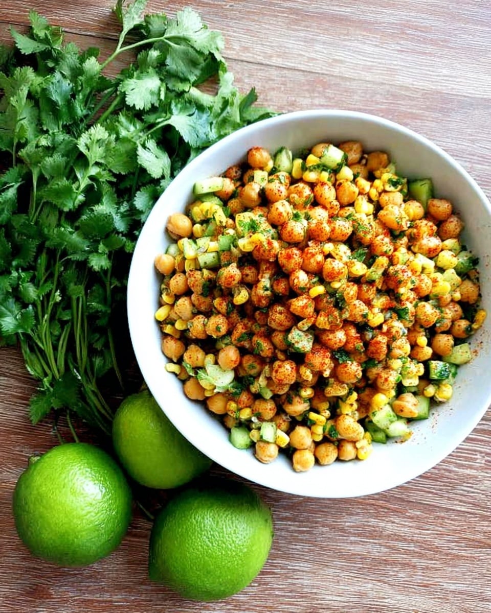 A white bowl filled with a colorful salad made of chickpeas and corn mixed with small pieces of green cucumber and herbs, all coated lightly in a reddish seasoning. The bowl is placed on a wooden surface with two green limes and a bunch of fresh cilantro leaves arranged beside it. The scene is bright, showing the fresh textures of the ingredients clearly photo taken with an iphone --ar 4:5 --v 7