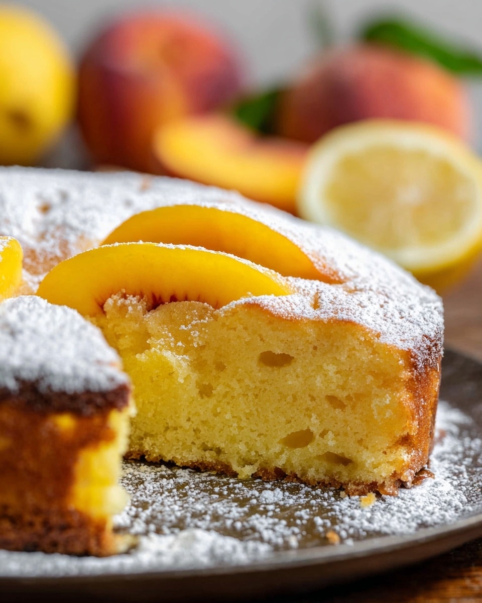A close-up of a moist yellow sponge cake with visible small holes in its texture, topped with a dusting of white powdered sugar covering the whole top surface, and two thin yellow peach slices placed on top near the edge; the cake is placed on a dark metal tray with powdered sugar scattered around it, and blurred peaches and a lemon half can be seen in the background on a white marbled surface, photo taken with an iphone --ar 4:5 --v 7