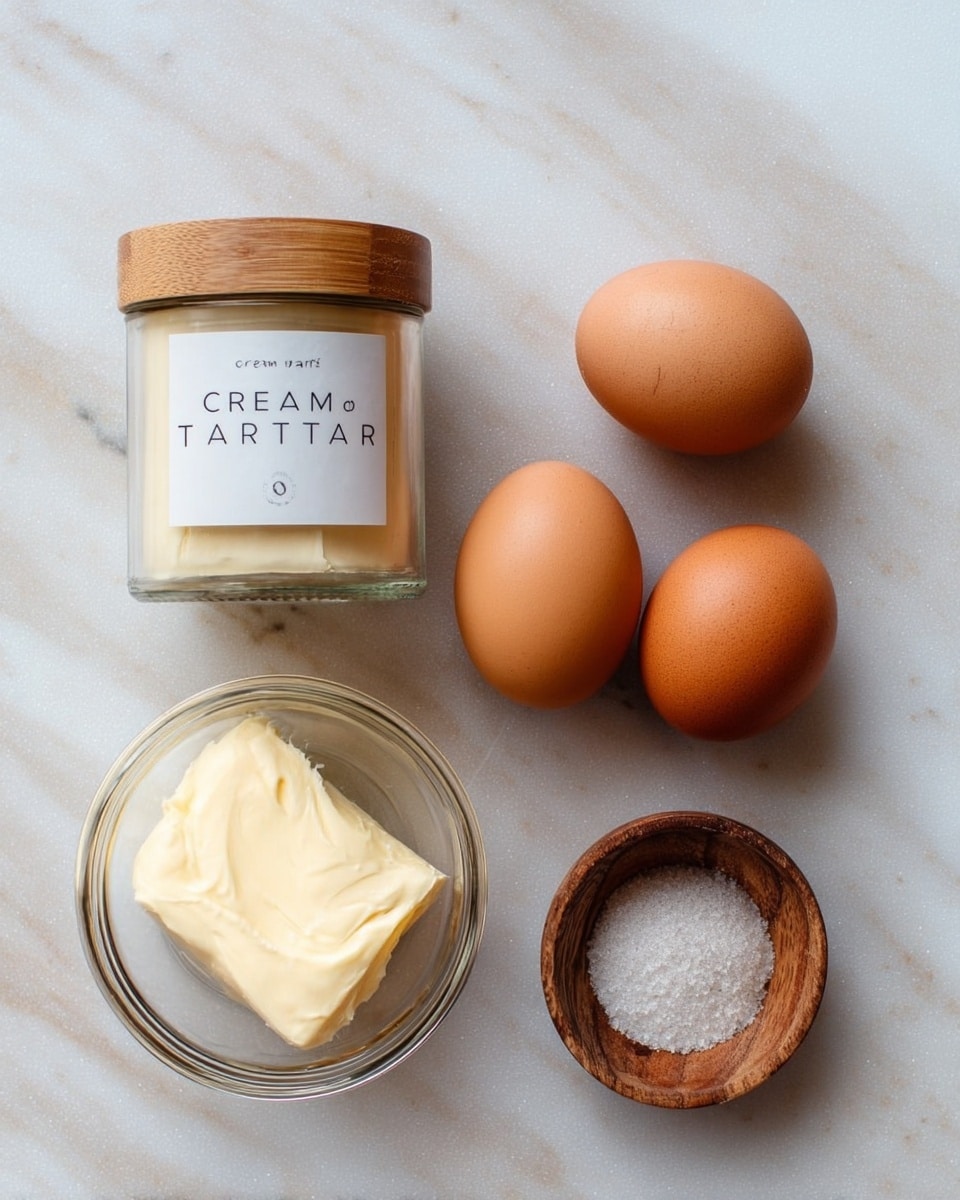 The image shows five ingredients placed on a white marbled surface: a glass jar with a wooden lid labeled