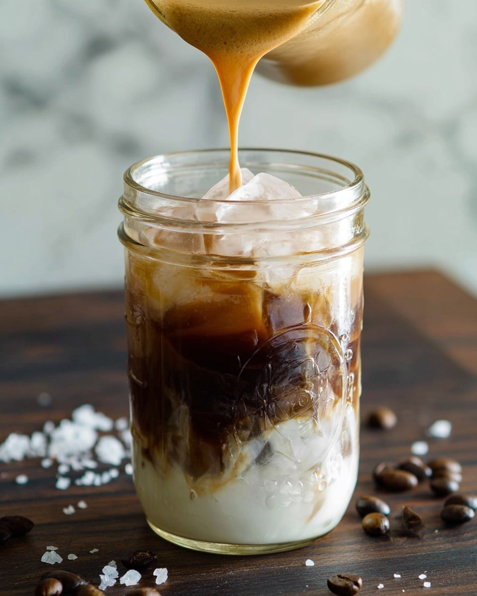 A clear glass jar is filled with three visible layers: the bottom layer is white milk with ice cubes showing through, the middle layer is dark brown coffee beginning to mix with the milk below, and the top layer is a frothy, light brown coffee crema being poured from a glass container above. Coffee beans and coarse salt crystals are scattered around the jar on a dark wooden surface, and the background is a white marbled texture. photo taken with an iphone --ar 4:5 --v 7