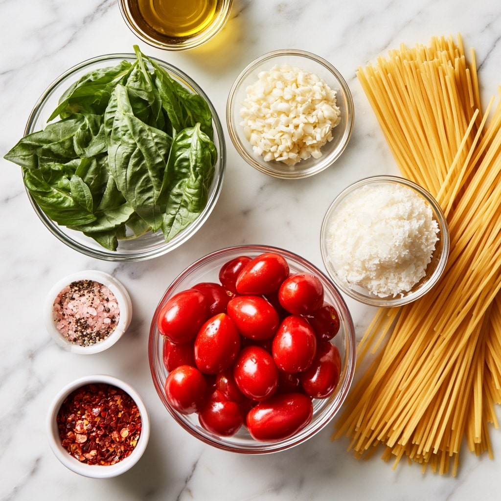A top-down view of various cooking ingredients placed on a white marbled surface arranged neatly. In the middle, there is a clear glass bowl filled with bright red cherry tomatoes, smooth and round with a shiny texture. To the right of the tomatoes, there is a small clear bowl holding white grated parmesan cheese with a soft, delicate texture, and a bundle of long, thin yellow pasta strands lying flat and spread out. Above the tomatoes, a small clear bowl has finely chopped white garlic, showing a slightly crumbly texture. On the left side, a medium clear bowl contains fresh green basil leaves with visible veins and a slightly wrinkled surface. Nearby, a small white container holds pink salt and black pepper mix, looking coarse and grainy. Below that, a small white cup is filled with red pepper flakes, adding a rough texture and vibrant red color. A clear small container of golden olive oil is placed near the top left corner. All items are evenly spaced on the white marbled surface. photo taken with an iphone --ar 4:5 --v 7