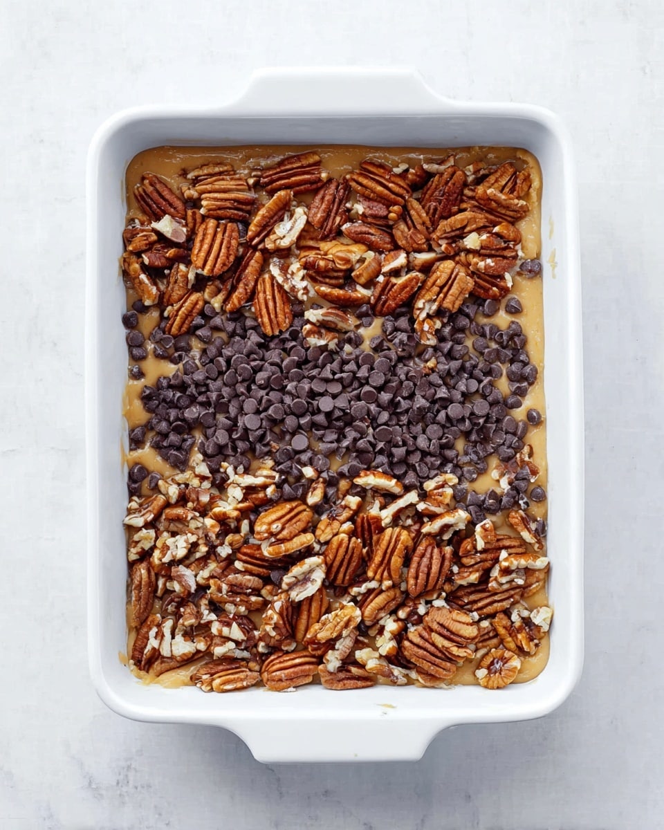 A white rectangular baking dish filled with three layers of ingredients: the bottom layer is a light tan dough pressed evenly, the middle layer consists of scattered dark brown chocolate chips, and the top layer is a generous spread of broken pecan halves with a warm reddish-brown color. The dish sits on a white marbled surface, and the mixture looks ready to bake, with textures showing smooth dough, shiny chocolate, and rough nuts. Photo taken with an iphone --ar 4:5 --v 7