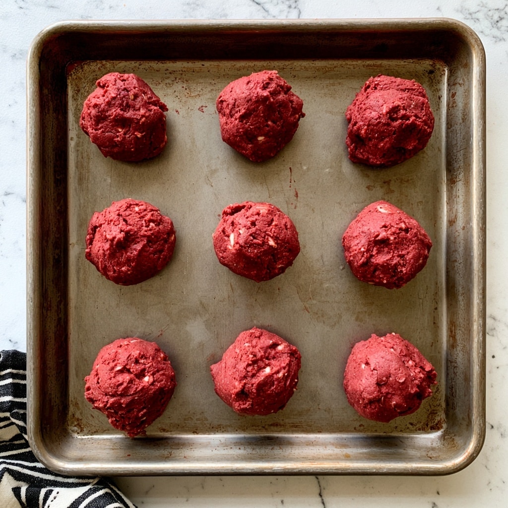A metal baking pan is placed on a white marbled surface and holds nine evenly spaced scoops of deep red cookie dough, each rounded and textured with small visible white chips, arranged in a loose grid with about 2 inches between each scoop. The metal pan shows signs of wear with some browning and faint stains. A black and white striped cloth is partially visible at the bottom left corner. At the top, bold black text instructs to place even scoops of dough on the pans with space in between. Photo taken with an iphone --ar 4:5 --v 7