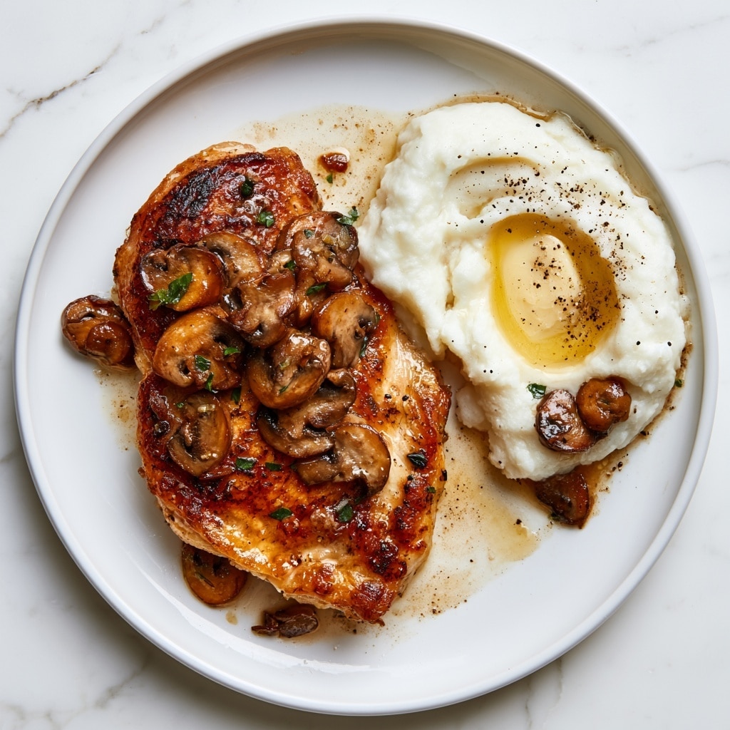On a white plate over a white marbled surface, there is one golden-brown crispy cooked chicken piece topped with sautéed brown mushrooms and small green herb leaves scattered on top. Next to the chicken, on the right side of the plate, there is a serving of smooth white mashed potatoes with a pat of melting butter in the center, sprinkled with black pepper and a few mushrooms around it. The food looks warm with a slight shine from the butter and juices. photo taken with an iphone --ar 4:5 --v 7