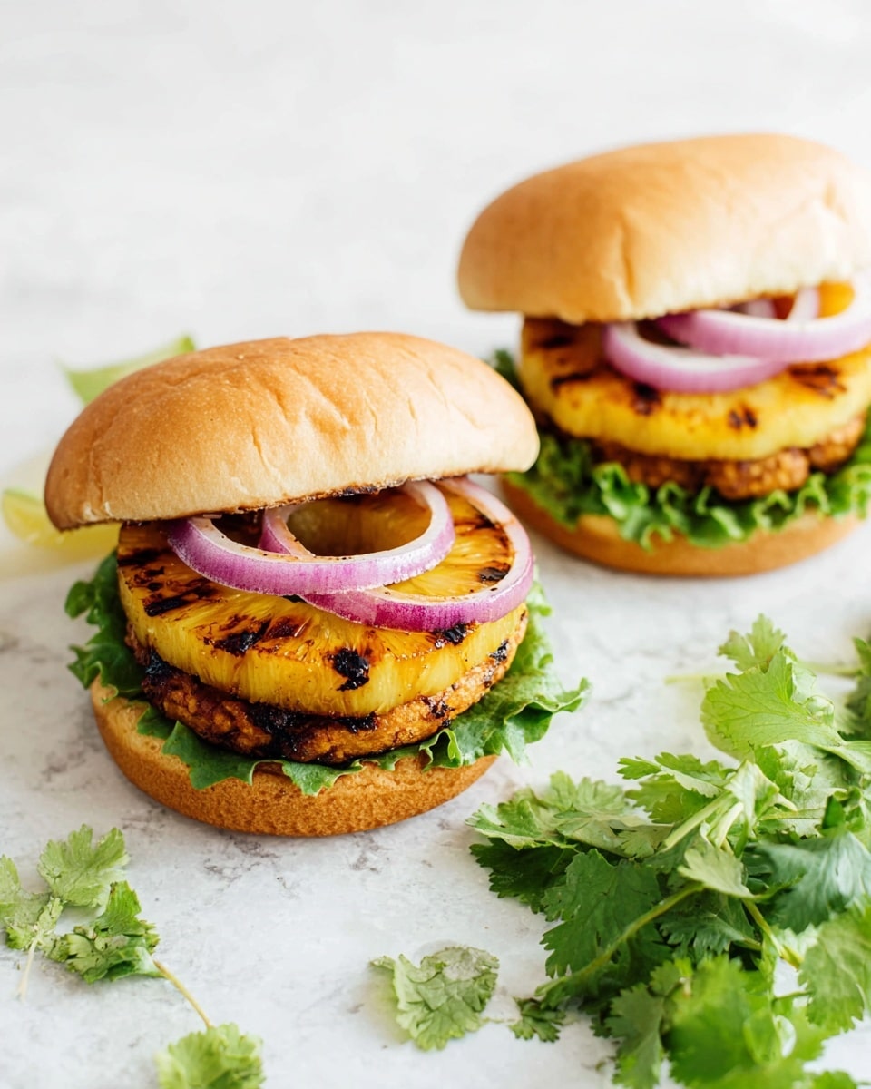 Two grilled pineapple and onion veggie burgers sit on a white marbled surface. Each burger has a soft, light brown bun on top and bottom. The bottom bun holds fresh green lettuce leaves, followed by a round grilled veggie patty with a golden brown char. On top of the patty is a large grilled pineapple ring with char marks and seasoning, topped with two thick rings of purple-red onion. A bunch of fresh green cilantro sits nearby on the white marbled surface. Photo taken with an iphone --ar 4:5 --v 7