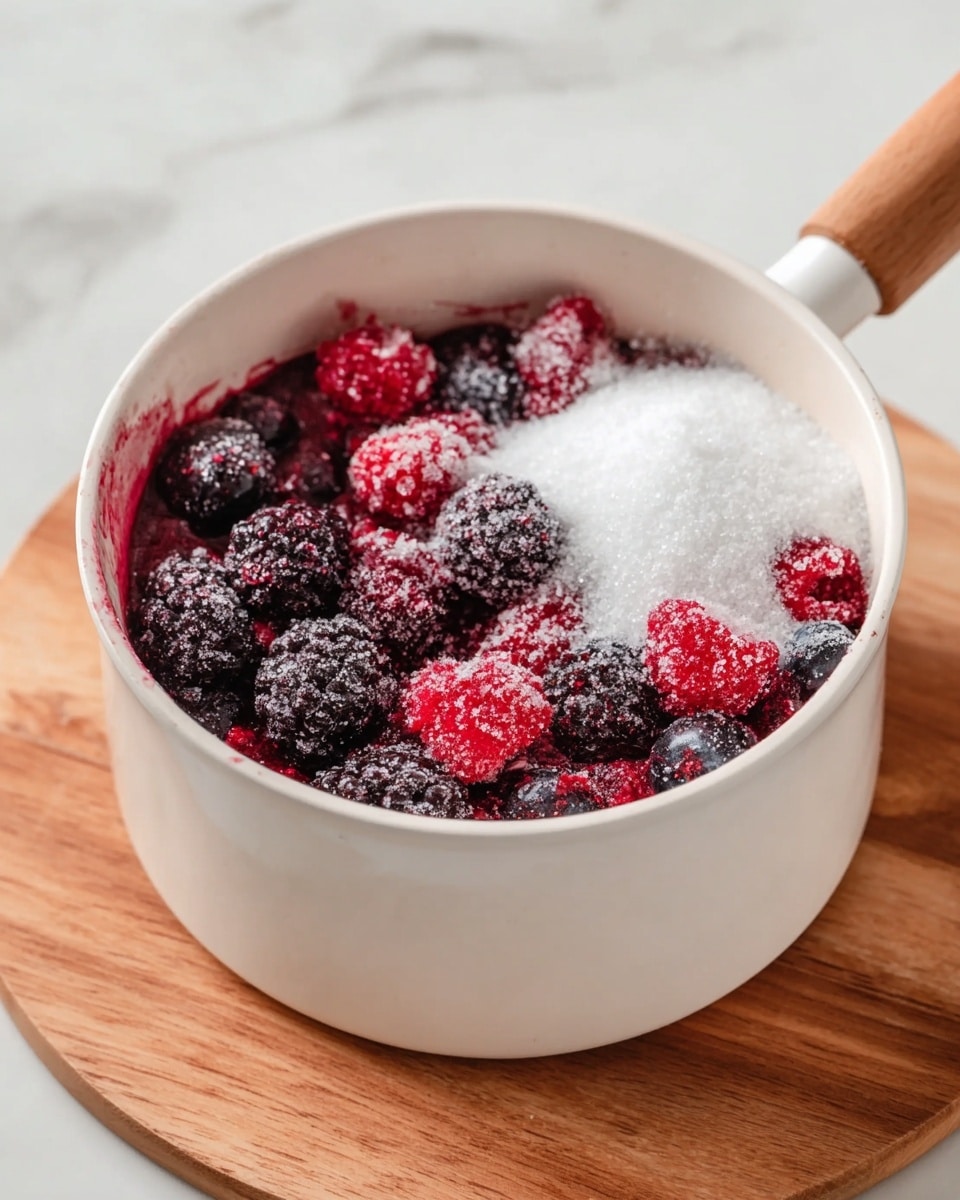 A white pot filled with three clear layers: the bottom layer is a mix of whole frozen blackberries, raspberries, and blueberries with a frosty texture; the middle layer consists of more mixed frozen berries, bright red and deep purple in color with a frosty sparkle; the top layer is a mound of fine white sugar piled on one side over the berries. The pot has a white handle with a wooden tip and it sits on a round wooden board, all placed on a white marbled surface. photo taken with an iphone --ar 4:5 --v 7