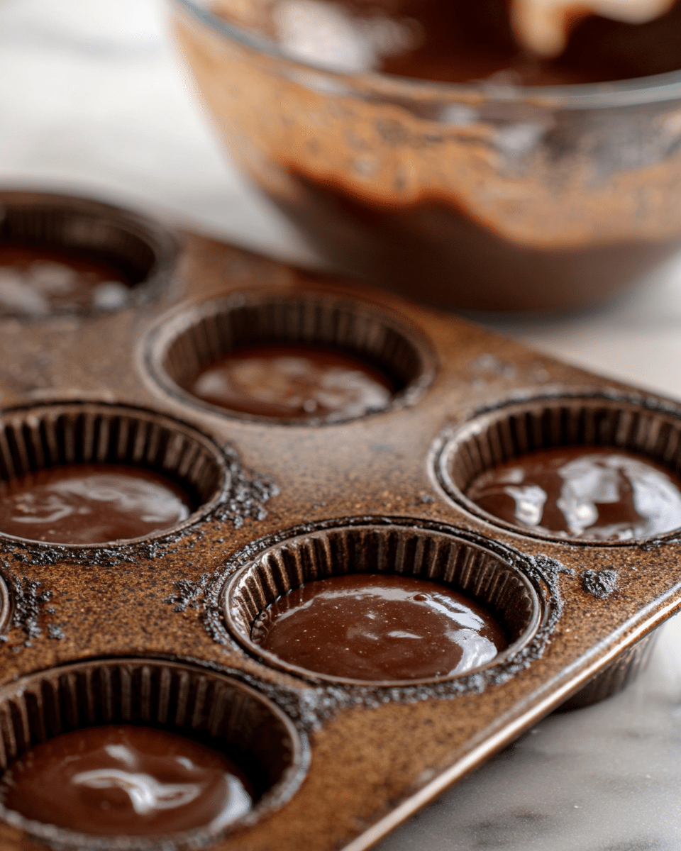 A close-up view of a dark metal muffin tray with six visible round molds, each filled with smooth, dark brown chocolate batter that has a shiny, wet texture. The tray has a worn, rustic look with brown speckles and some chocolate smudges on its surface. In the background, slightly blurred, is a transparent glass bowl with more chocolate batter, placed on a white marbled surface. The scene is softly lit, highlighting the glossy texture of the batter and the roughness of the tray. Photo taken with an iphone --ar 4:5 --v 7