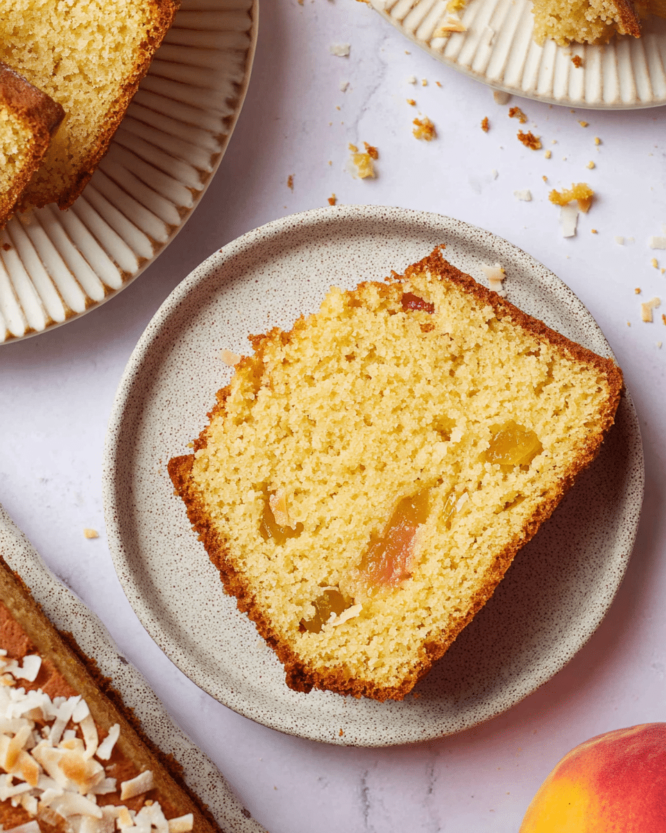 The image shows a close-up of a single slice of yellow cake with small pieces of fruit inside, placed on a small round plate with a speckled grayish-white texture and ridged edges. The cake slice appears moist and soft with a light golden brown crust, and there are some coconut flakes around the edges on the top. In the background, part of another slice of the same cake is seen on a larger white plate, and scattered crumbs are lightly spread on a white marbled surface. A peach is partially visible on the right side of the image. Photo taken with an iphone --ar 4:5 --v 7