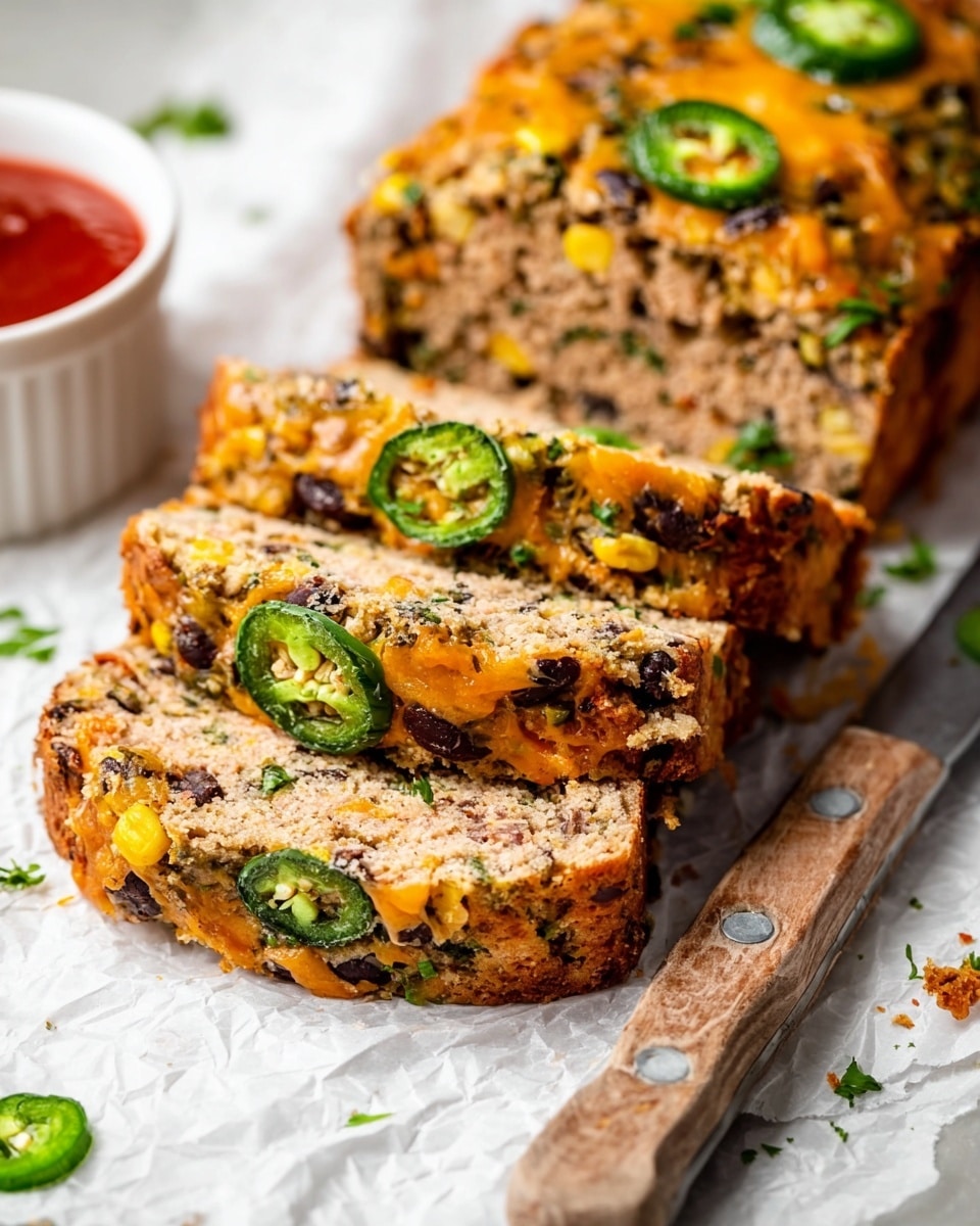 The image shows several thick slices of a loaf with a light brown, slightly textured inside filled with black beans, corn, and green herbs. The loaf is topped with a golden orange melted layer with green slices of jalapeño and small green herb pieces. The slices are arranged on white parchment paper on a white marbled surface, with some small crumbs and scattered herbs around. A white bowl filled with red sauce is blurry in the background on the left. A wooden knife with metal rivets is placed to the right side near the food. photo taken with an iphone --ar 4:5 --v 7