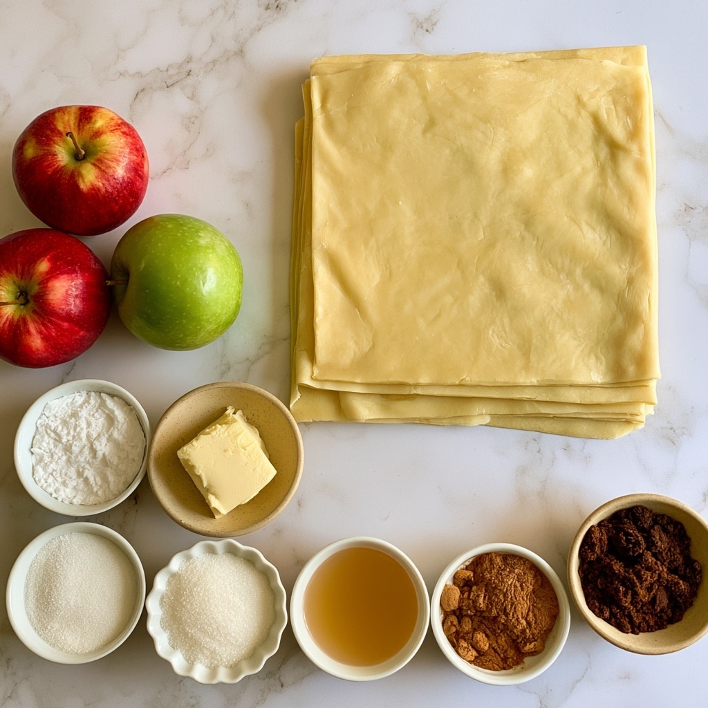 The image shows two large, square, pale yellow sheets of shortcrust pastry stacked slightly off center on a white marbled surface. To the left, there are three whole apples: two red and one green, round and shiny. Arranged below the apples are small white bowls holding ingredients, including white cornstarch, a pale yellow chunk of vegan butter in a beige bowl, white sugar in a scalloped bowl, light brown lemon juice, ground cinnamon and nutmeg in a small white bowl, and dark brown sugar in a beige bowl. The bowls are spread out neatly around the pastry sheets, all on a clean white marbled surface. Photo taken with an iphone --ar 4:5 --v 7