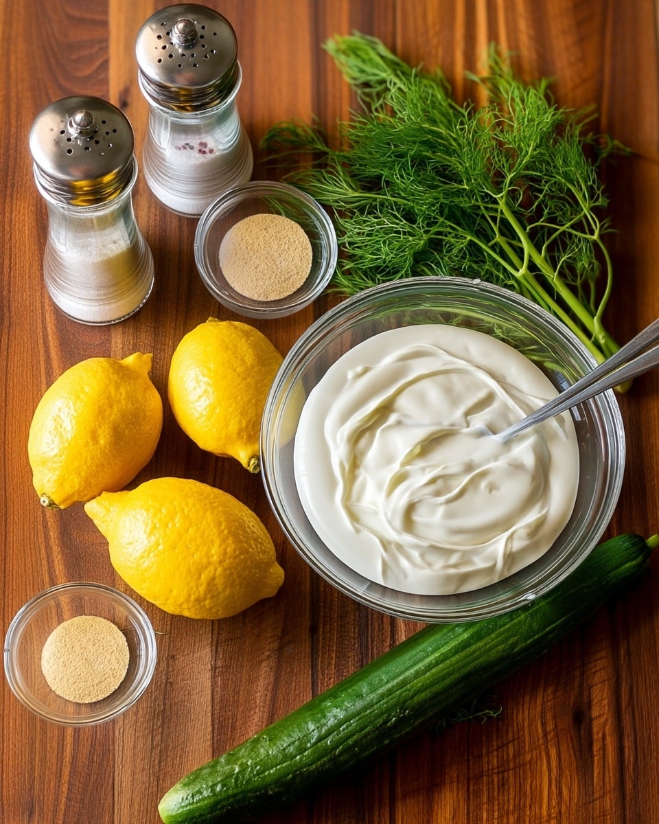 A clear glass bowl filled with thick white creamy yogurt sits on a wooden surface with a silver spoon inside it. Around the bowl, there are two bright yellow lemons, a long dark green cucumber, and a bunch of fresh green dill with feathery leaves. A small clear glass dish holds some light beige powder, which is placed near the lemons. Two tall clear glass salt and pepper shakers with silver tops stand on one side of the bowl. The wooden surface has a warm, rich brown color with visible grain patterns. photo taken with an iphone --ar 4:5 --v 7