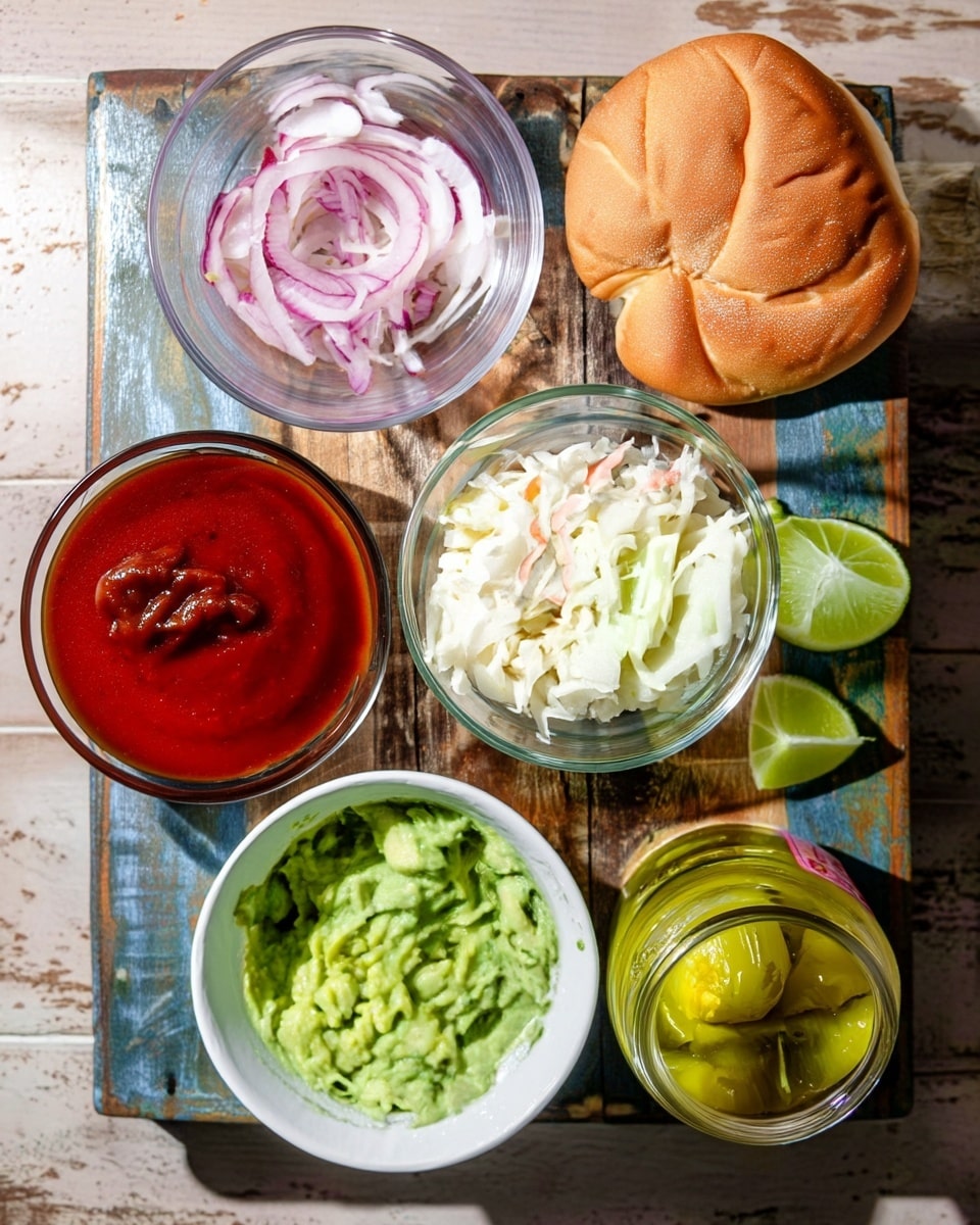 The image shows ingredients arranged on a rustic wooden board with a white marbled texture background. At the top right, there is a soft, round golden brown bun. To the left, there is a clear glass bowl filled with thinly sliced, light purple pickled onions. Below it, another clear glass bowl contains creamy vegan slaw that is white with bits of carrot visible. In the center, a package of super firm tofu with green and yellow accents lies flat. Near the bottom, a white bowl holds bright green smashed avocado with a slightly chunky texture. To the left, a clear glass bowl is filled with a deep red BBQ sauce that looks smooth. On the right side, there are several lime wedges with bright green skin and a slightly juicy appearance. Lastly, there is a clear glass jar filled with small green pickles sitting near the avocado bowl. Photo taken with an iphone --ar 4:5 --v 7