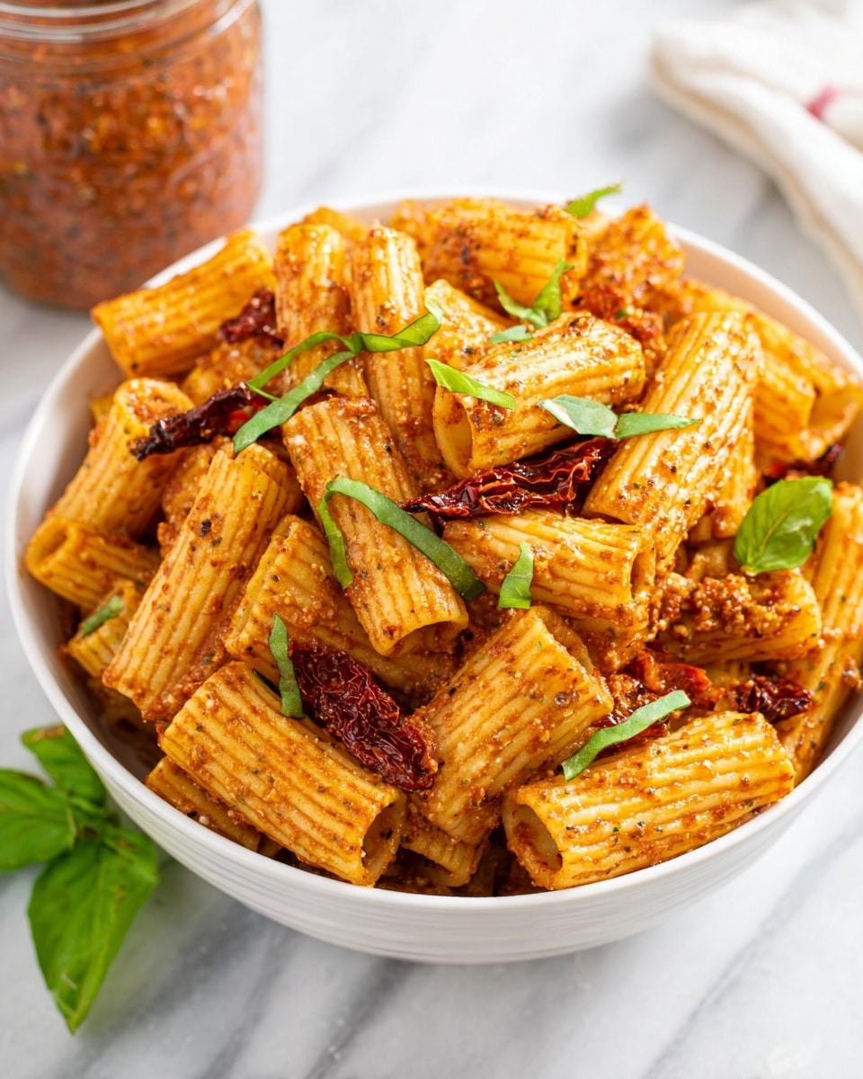 A white bowl filled with rigatoni pasta coated in red pesto sauce, showing small bits of textured herbs and spices covering the ridged pasta tubes. Scattered sun-dried tomatoes add dark red color contrasts, and thin strips of fresh green basil are layered on top for a fresh look. The bowl sits on a white marbled surface with a glass jar of red pesto in the background, adding depth to the scene. photo taken with an iphone --ar 4:5 --v 7