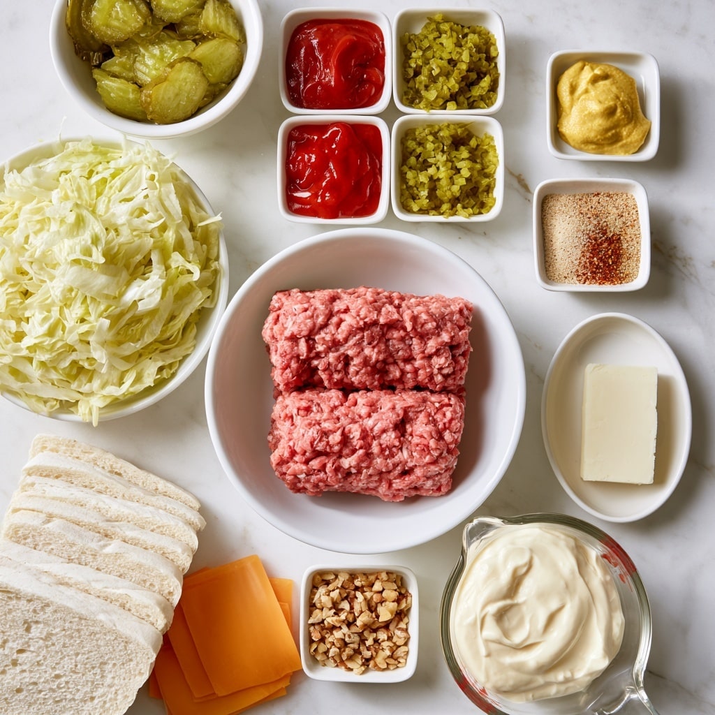 The image shows an overhead view of a white bowl in the center containing two layers of raw pink ground meat. Around the bowl, there are various white bowls and dishes arranged on a white marbled surface. To the left, a white bowl holds shredded pale green lettuce, and above it is a white bowl with green pickle slices. Toward the top, there are small square white bowls filled with bright red ketchup and green chopped pickles, and to their right, a square bowl with yellow mustard. On the right side is a small square bowl with light brown and reddish spices. Below, an oval white dish holds a rectangle of pale butter. At the bottom left corner, there are several layers of white sliced bread and four orange slices of cheese. A small square bowl near the bread holds chopped nuts, and next to it is a clear measuring cup filled with thick white mayo. The arrangement is neat and clear. Photo taken with an iphone --ar 4:5 --v 7