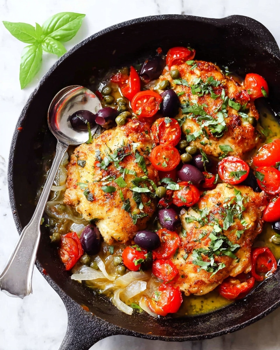 A black cast-iron pan holds three golden-brown pieces of cooked chicken, each topped with small pieces of green herbs and black olives. Around the chicken are red cherry tomatoes cut in half, translucent cooked onion pieces, and small green capers mixed in a light sauce. A metal spoon rests inside the pan on the left side with some onions and tomatoes on it. A green basil sprig is placed on top of one chicken piece. The pan is on a white marbled surface. photo taken with an iphone --ar 4:5 --v 7
