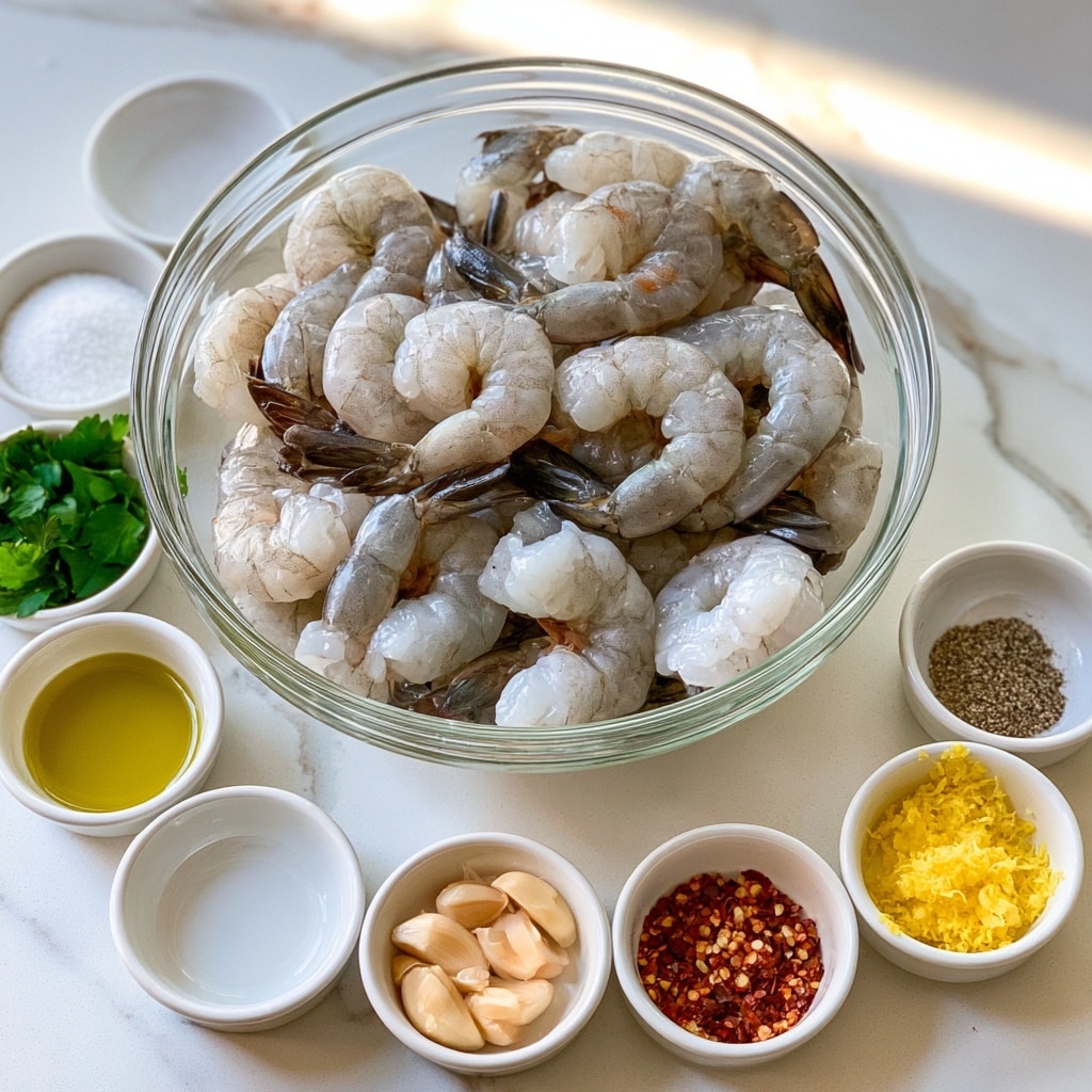 A clear glass bowl filled with raw shrimp, pale grayish white with dark tails, sits on a white marbled surface. Around it are small white bowls containing different ingredients: coarse white salt, bright green parsley leaves, golden olive oil, light beige garlic cloves, red pepper flakes, bright yellow lemon zest, and ground black pepper. The ingredients are neatly arranged in a semi-circle below and to the right of the shrimp bowl. The scene is clean and simple, with soft natural light. photo taken with an iphone --ar 4:5 --v 7